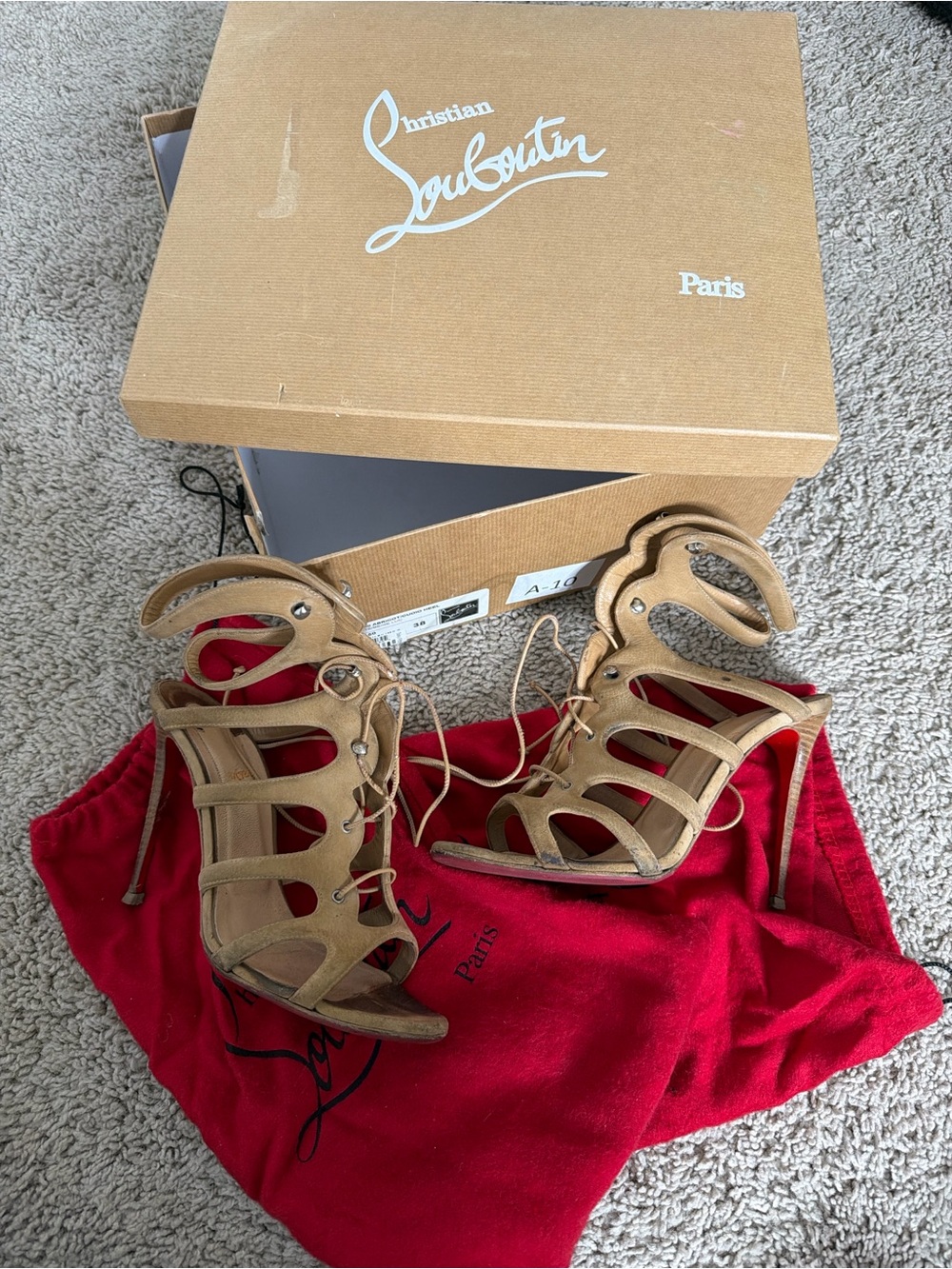 Christian Louboutin Tan Suede Lace-Up Cage Heels with Red Dust Bag